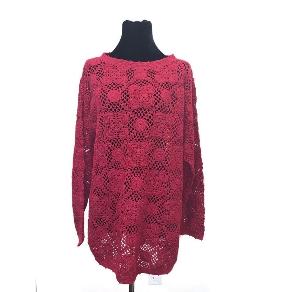 Vintage Y2K 90s Bohemian Burgundy Wine Crochet Tunic Sweater - Picture 6 of 14